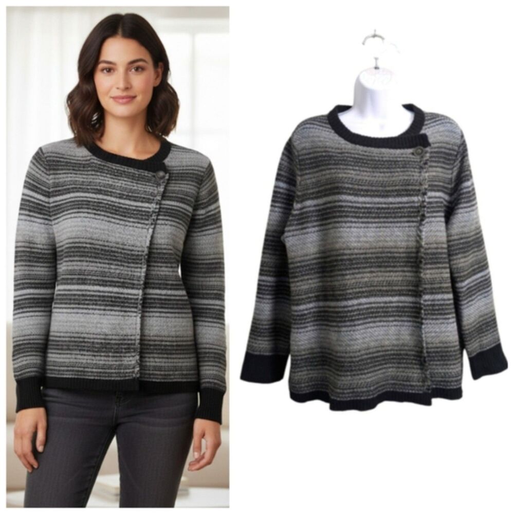 Woolrich Women's Lambswool Black Gray Striped Sweater Cross Front Crewneck XL